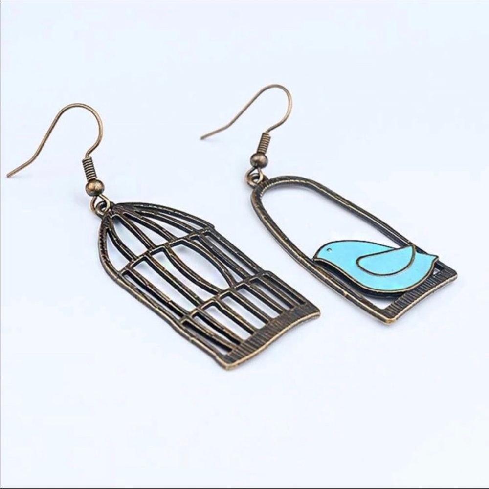 Blue Bird Cage Freedom Dangle Earrings